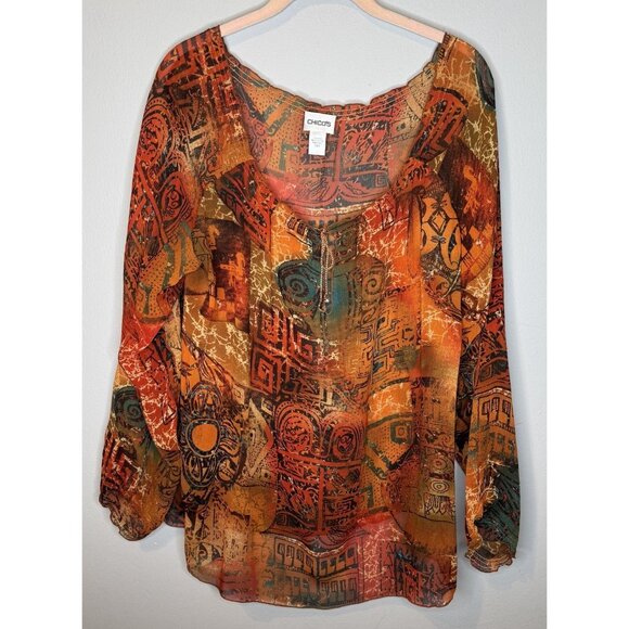 Chicos Size 3 Silk Top Multicolor Sheer Abstract Art Wear XL Extra Large - Picture 1 of 5